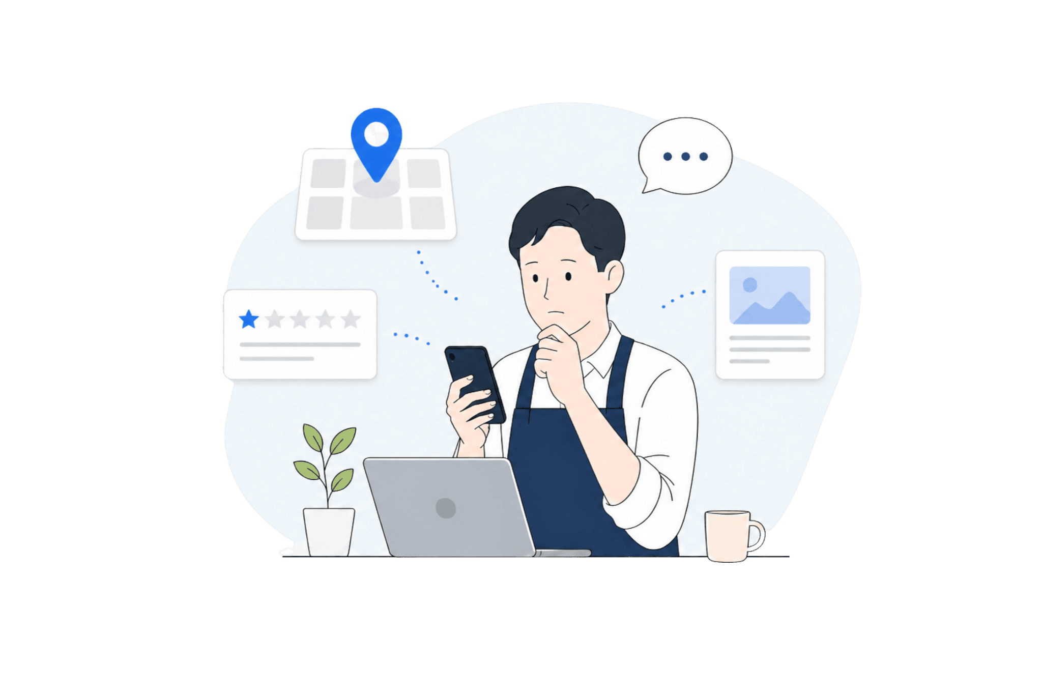 スマートフォンとノートパソコンを前に、Googleマップの検索順位・口コミ評価・投稿写真に悩む店舗オーナーのイラスト